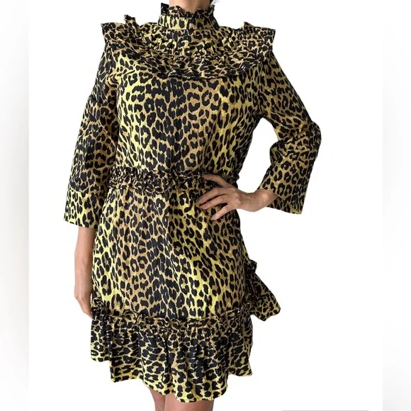 Ganni | Dresses | Ganni Printed Cotton Poplin Mini Dressleopard Size 38 |  Poshmark